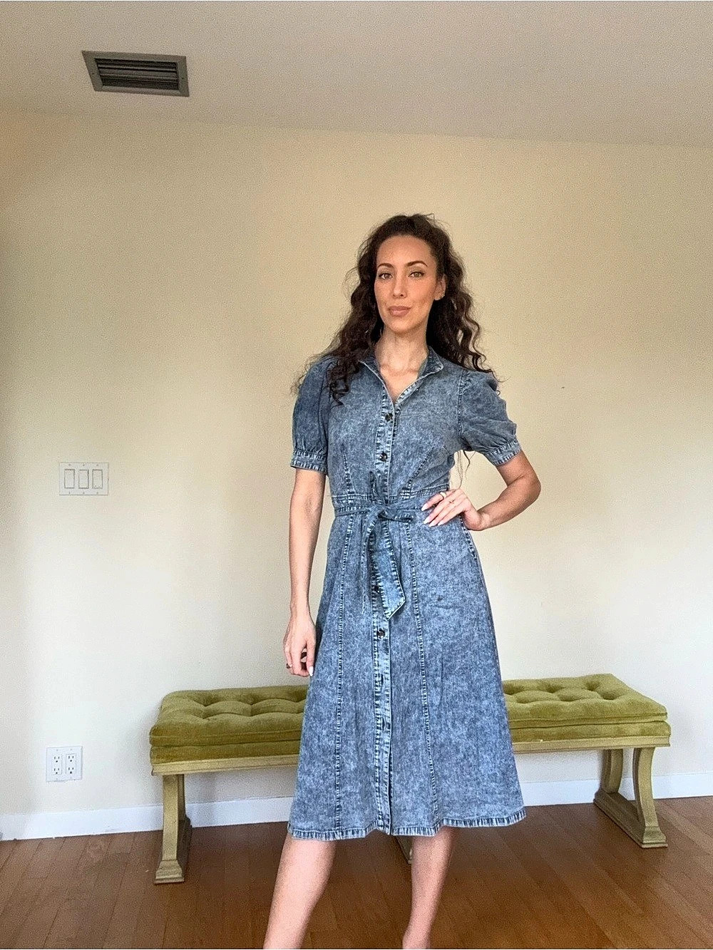Who What Wear Acid Wash Puff Sleeve Denim Midi Dress Blue